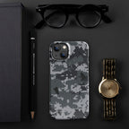 Grey digital camo snap phone case with protective camera bump and lenses
