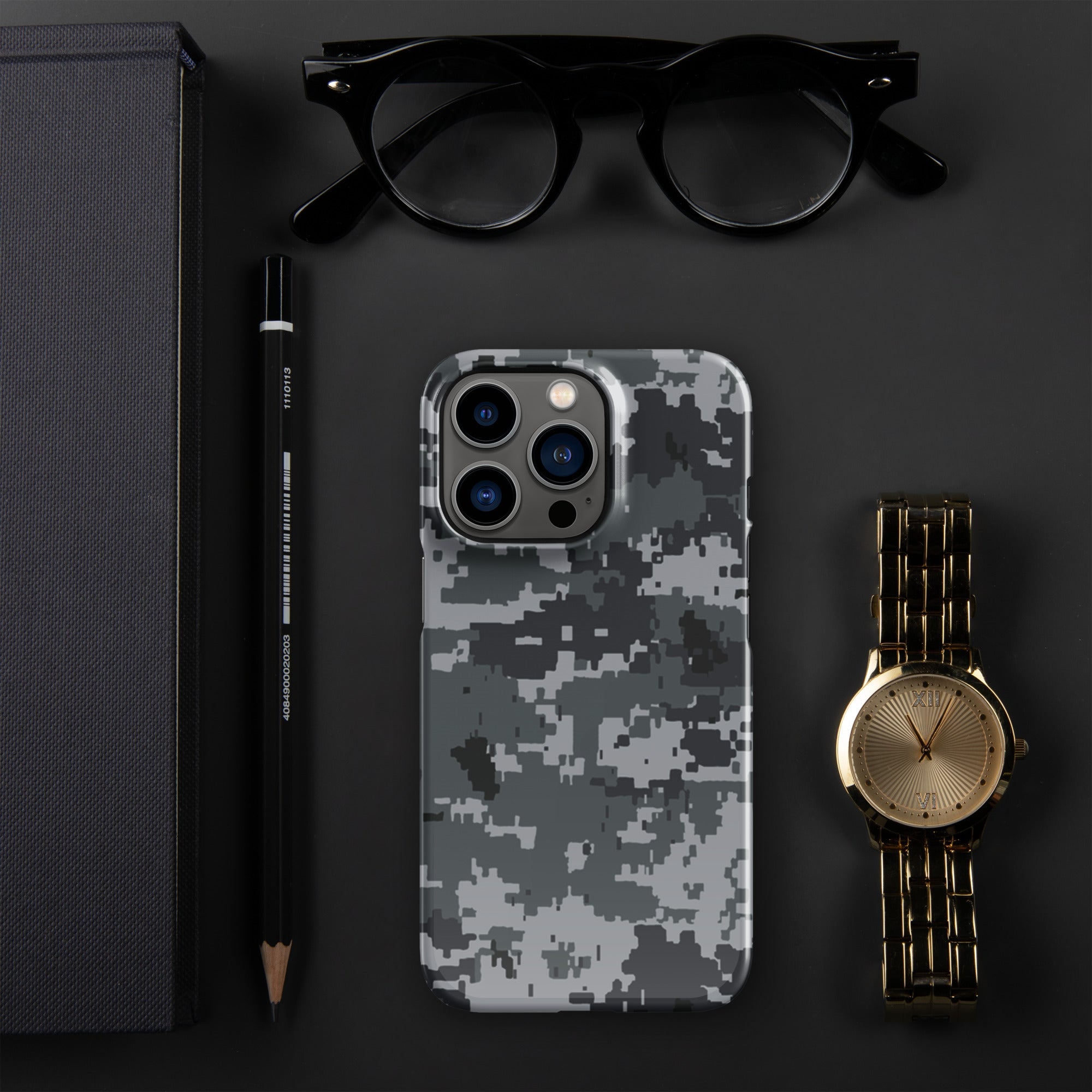 Grey digital camouflage snap phone case with raised multi-lens camera cutout