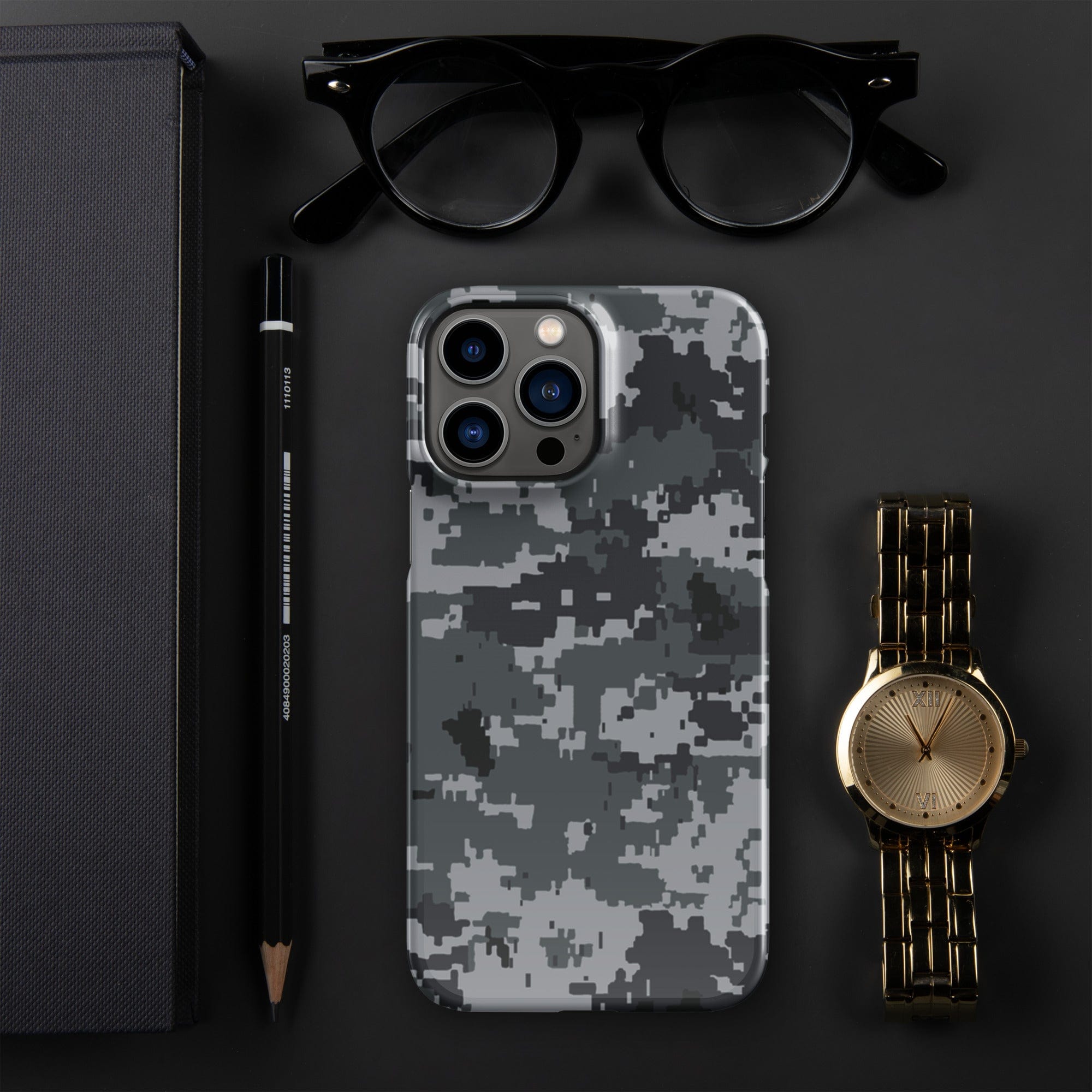 iPhone snap case featuring gray digital camouflage with multiple-lens camera openings