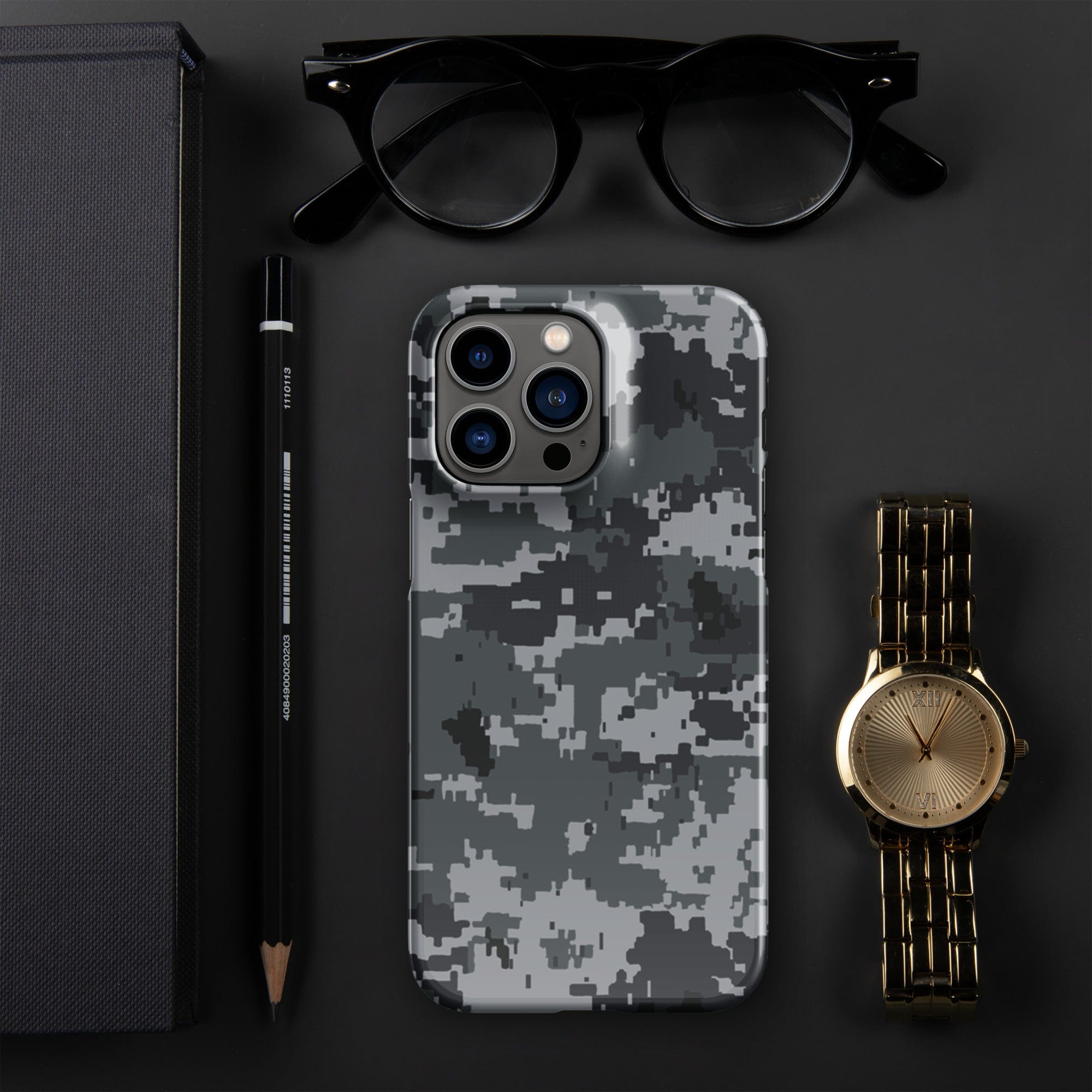 iPhone snap case in gray digital camouflage with raised camera module and openings