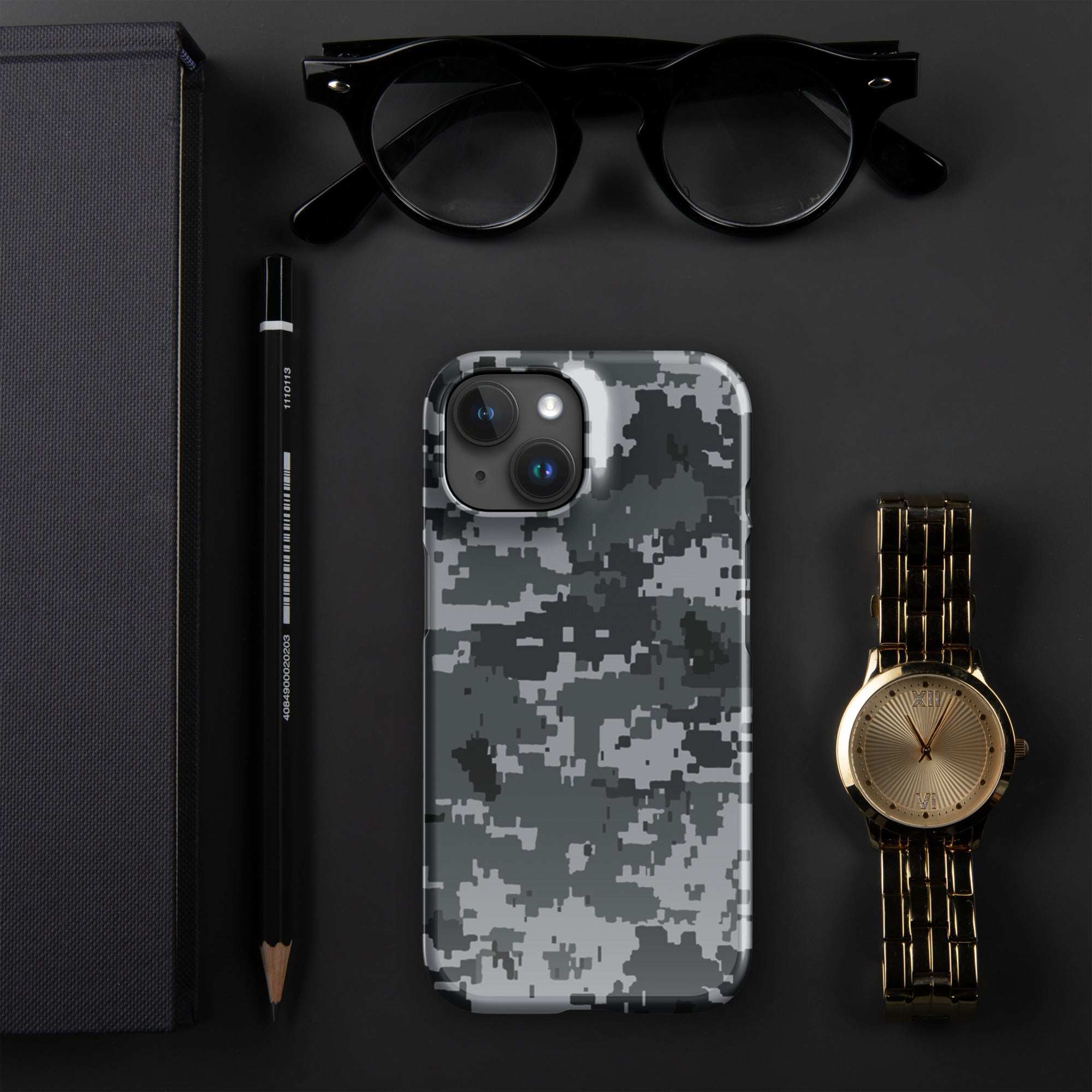 iPhone snap case featuring gray digital camouflage with multi-lens camera cutouts