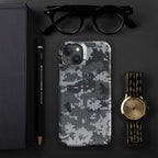 iPhone snap case with gray digital camouflage pattern and raised camera lens openings