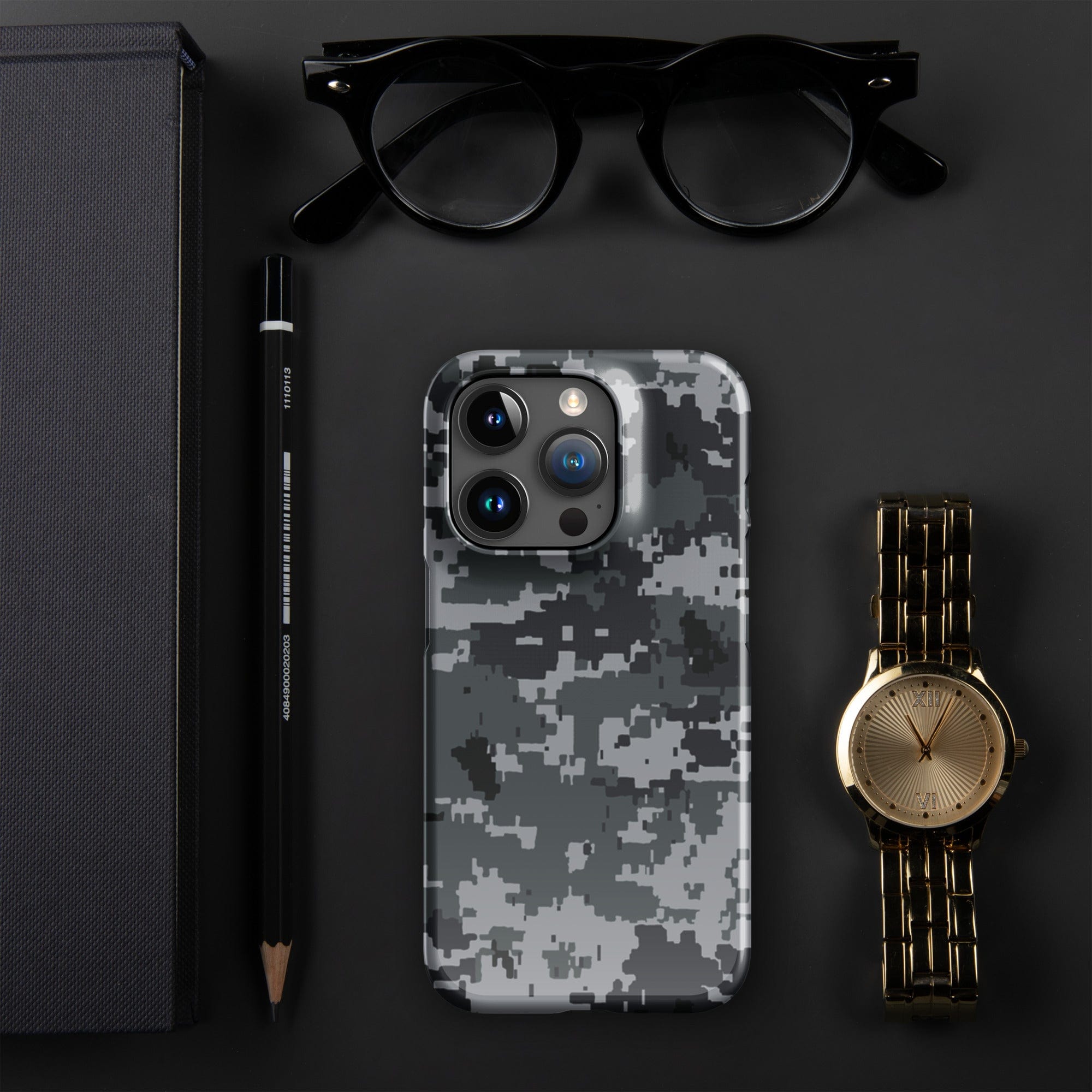 iPhone snap case in gray digital camouflage with raised camera bump and lens cutouts