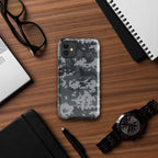 Gray digital camo iPhone case with raised camera bezel and cutouts