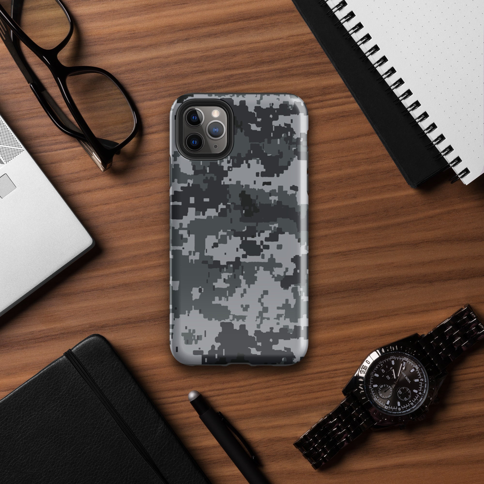 Gray digital camo iPhone case, raised camera bezel and precise cutouts for ports