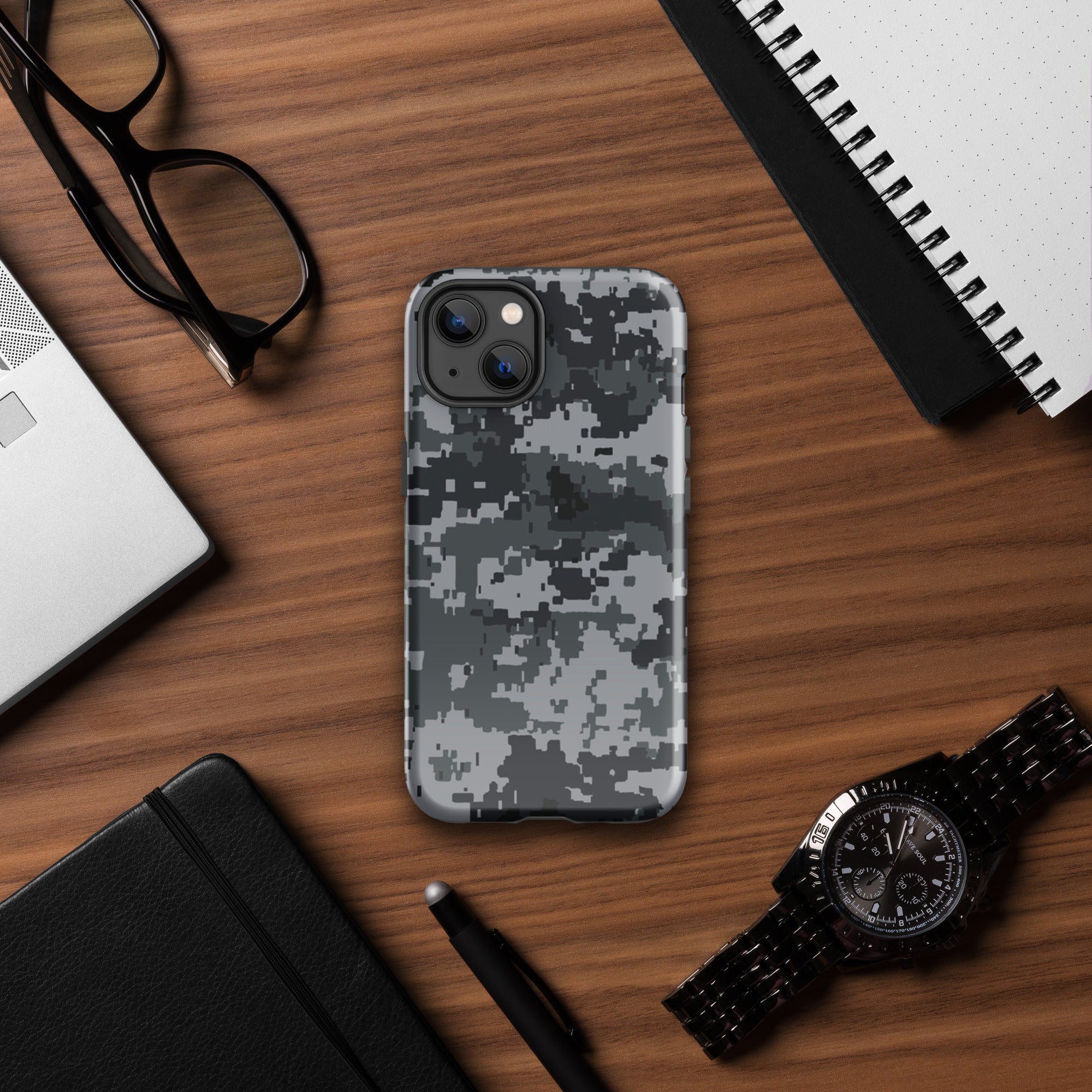 Gray digital camo iPhone case, back view showing raised camera lenses and housing