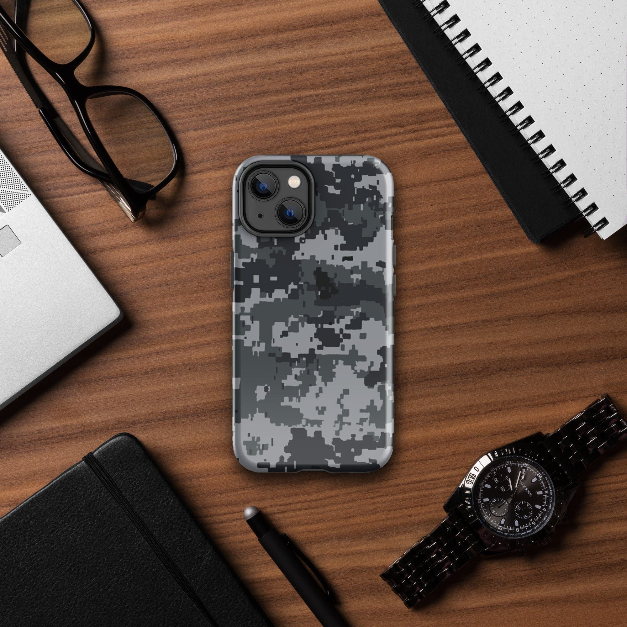 Gray digital camo iPhone case with raised camera cutouts and durable hard shell