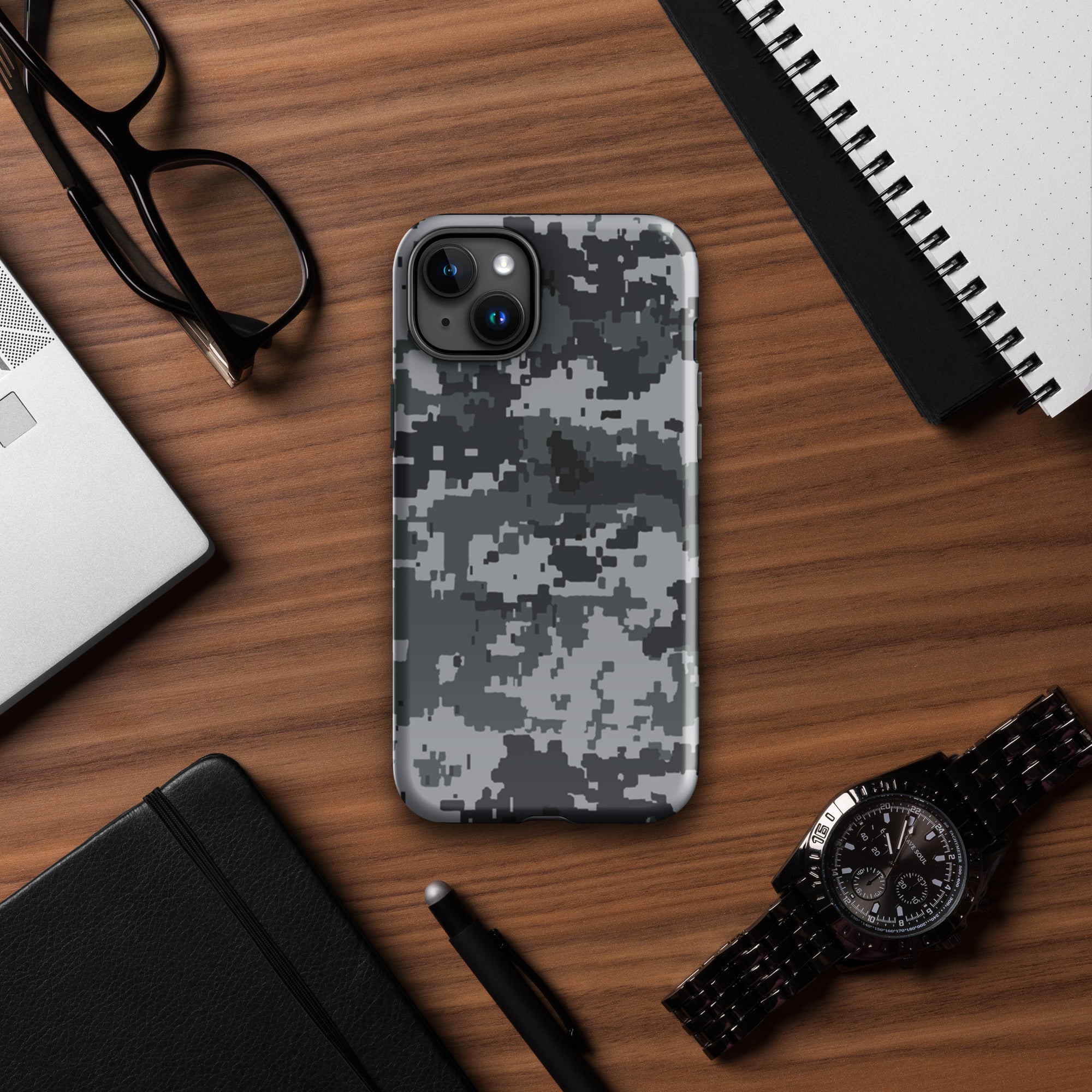 Gray digital camo iPhone tough case with textured camo pattern and camera cutouts