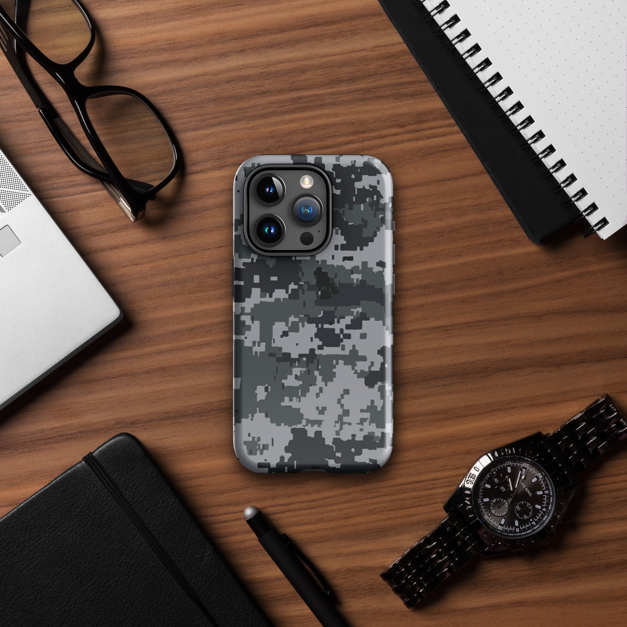 Gray digital camo iPhone tough case with dual-tone camo back and lens cutouts