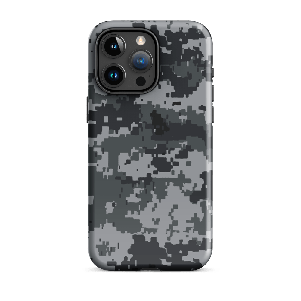 Gray digital camo iPhone case with camera cutouts and raised camera bezel
