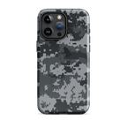 Gray digital camo iPhone case with camera cutouts and raised camera bezel