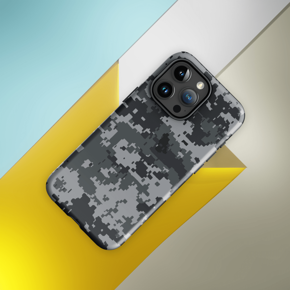 Digital camo iPhone case with camera cutouts and raised protective corners
