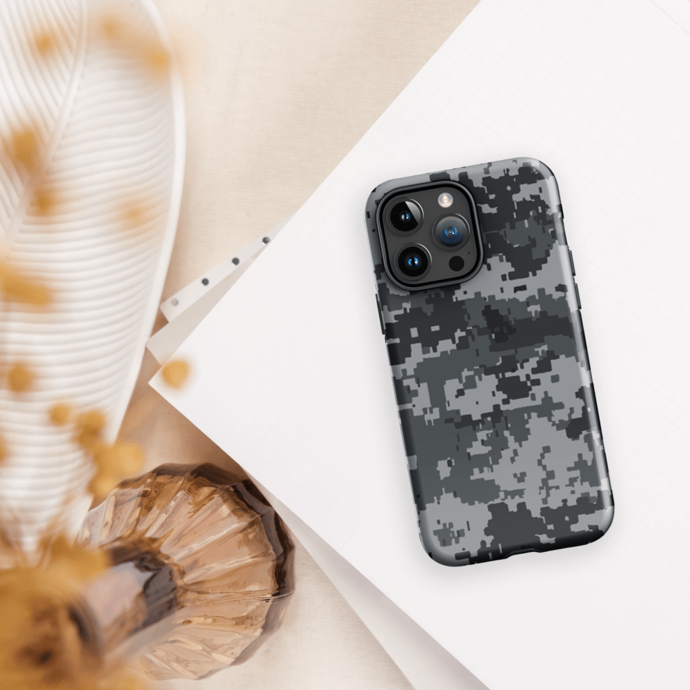 Digital camo iPhone case with camera cutout and thick protective bumper