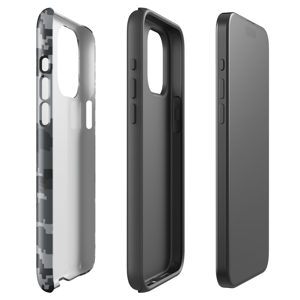 Gray digital camo phone case showing side and back profiles with button openings