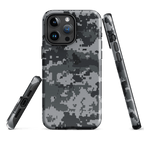 Gray digital camo iPhone case with side buttons access and camera protection