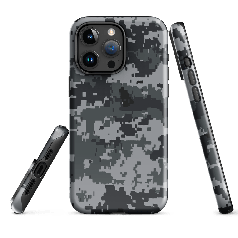 Gray digital camo iPhone case with side buttons access and camera protection