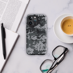 Digital camo iPhone case with quad camera cutout and raised edge protection