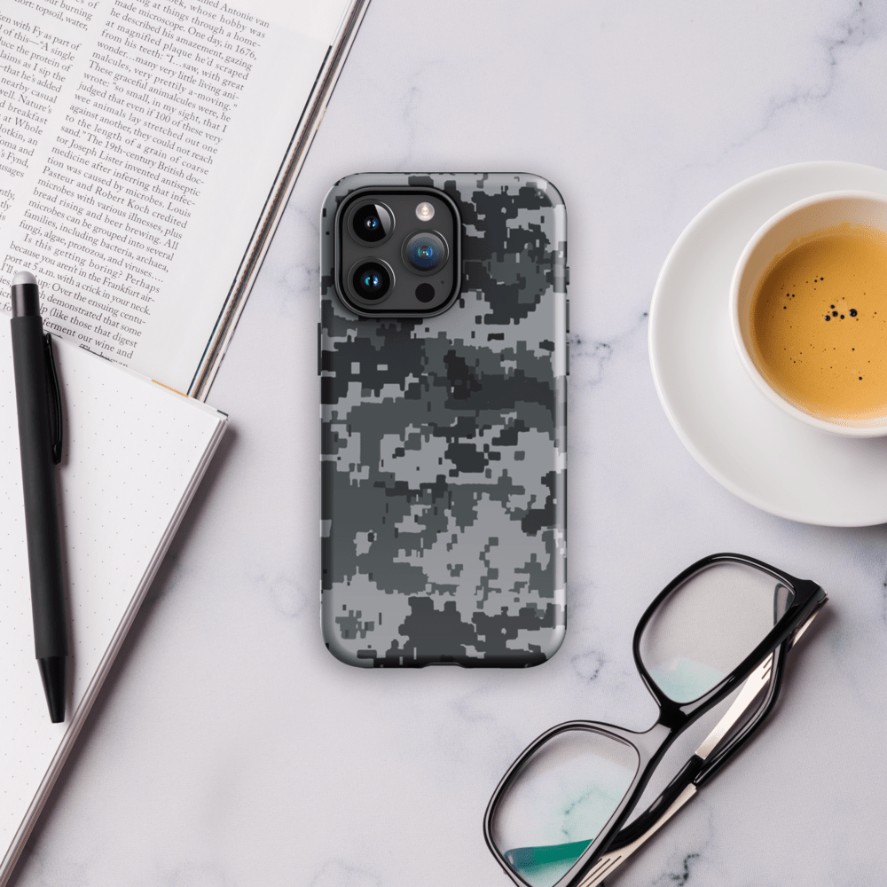 Digital camo iPhone case with quad camera cutout and raised edge protection
