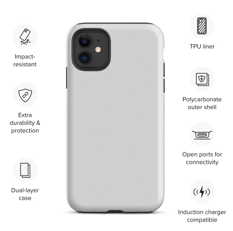 Light gray iPhone case with camera cutouts and raised edge protection
