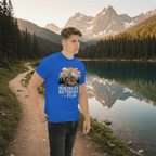 Blue hiking slogan T-shirt with mountain graphic