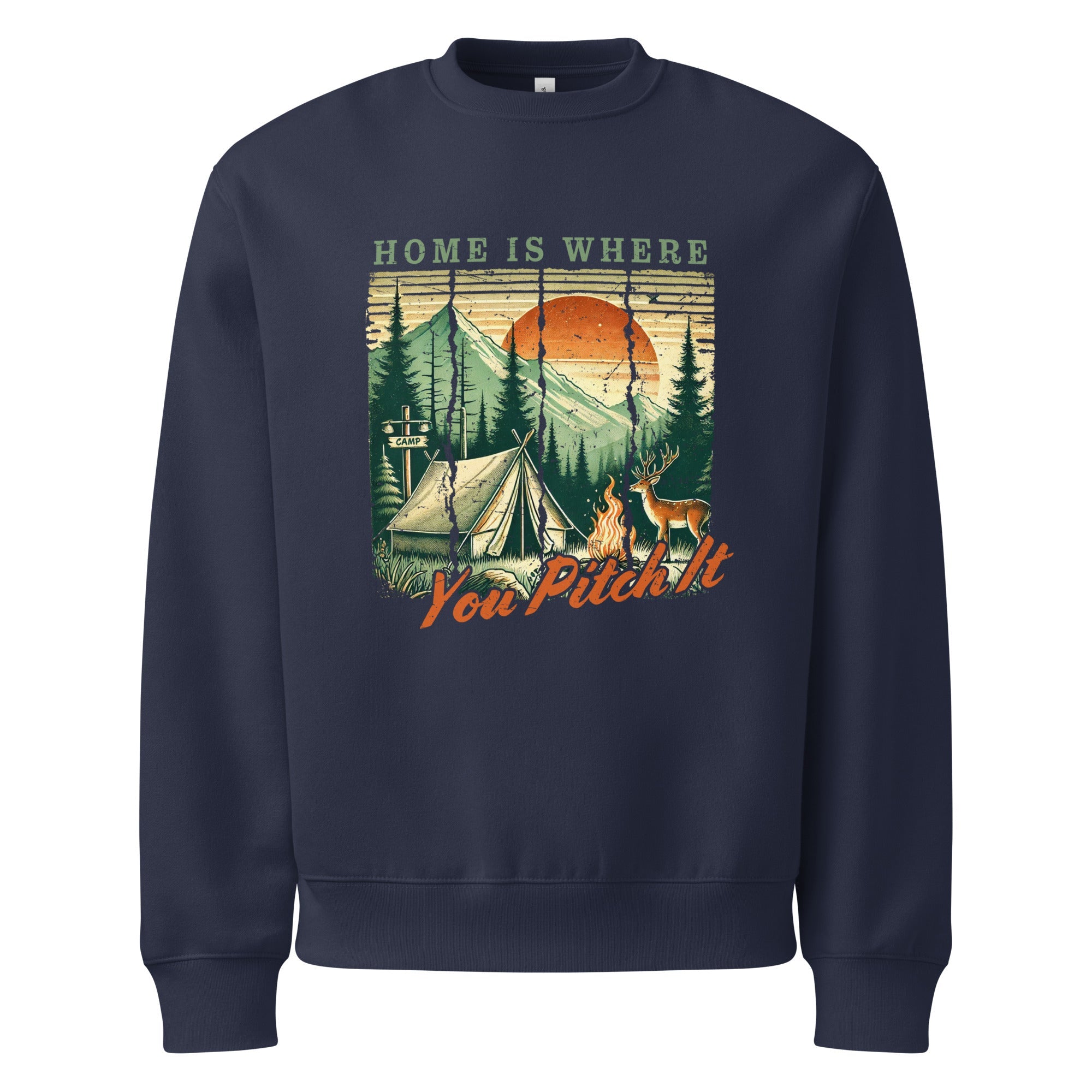 Navy oversized sweatshirt with camping graphic and text front