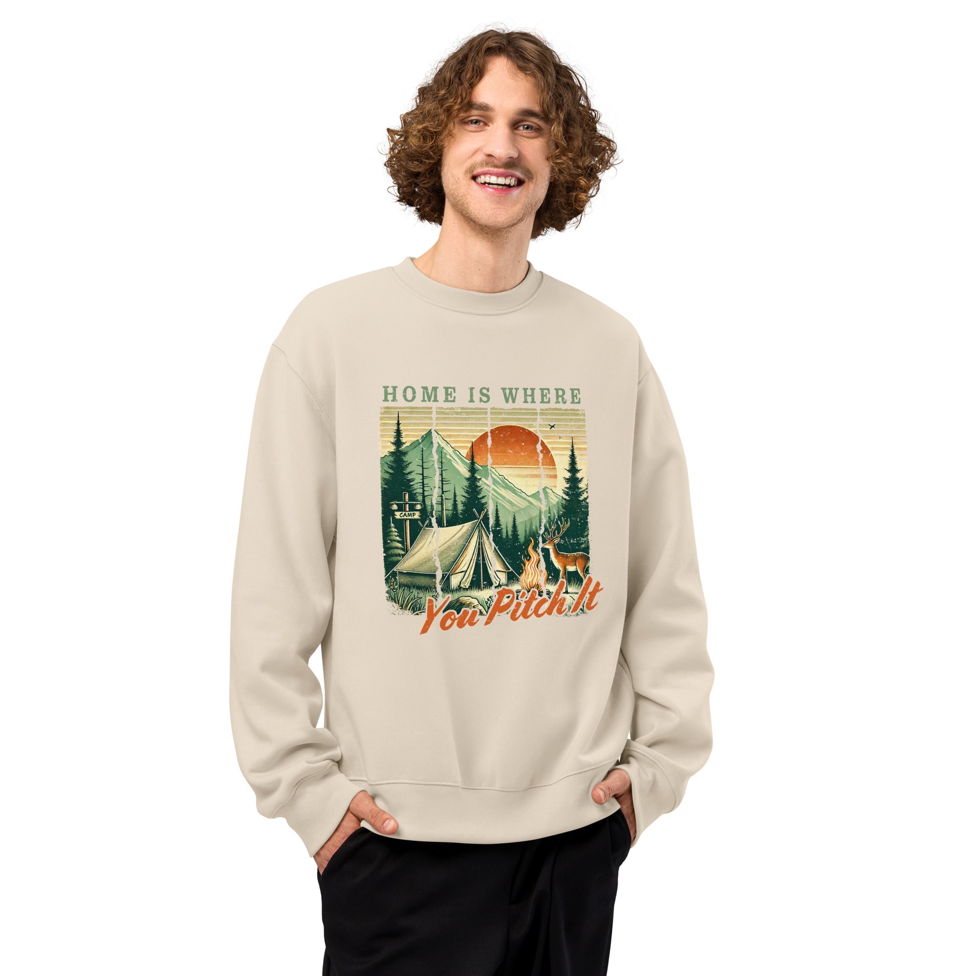 Beige oversized sweatshirt with camping graphic and “You Pitch It” text