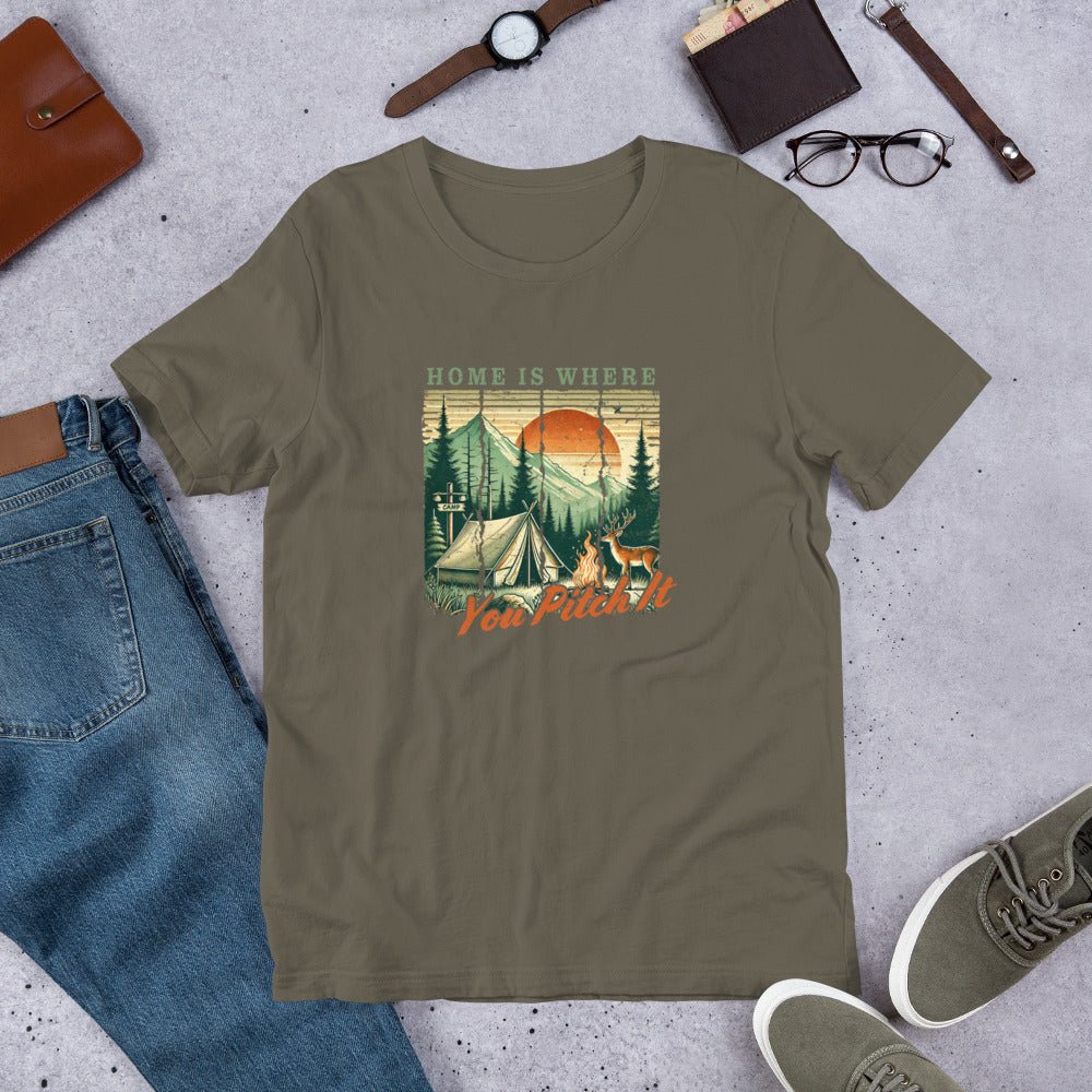 Olive camping T-shirt with front graphic campsite and 'Pitch It' text