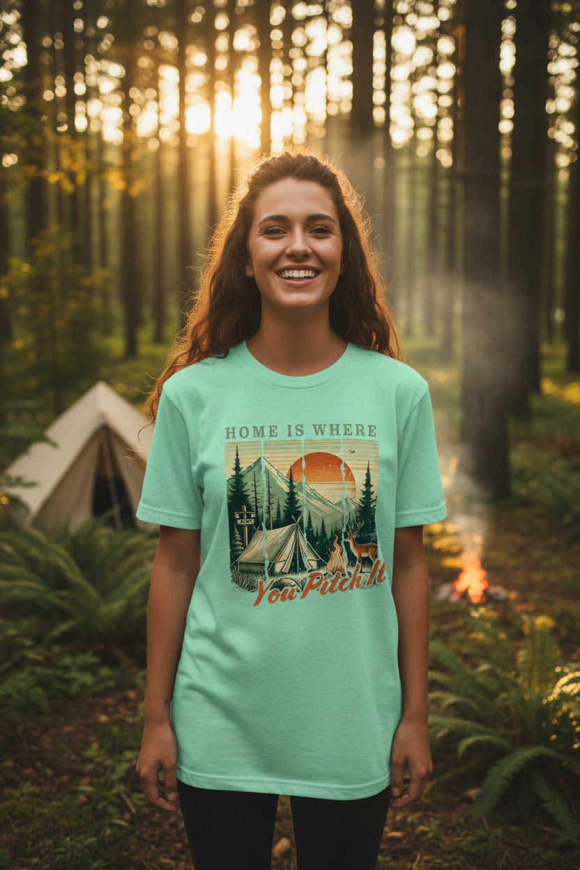 Mint green camping T-shirt with tent and pine trees graphic and “Home is where” text