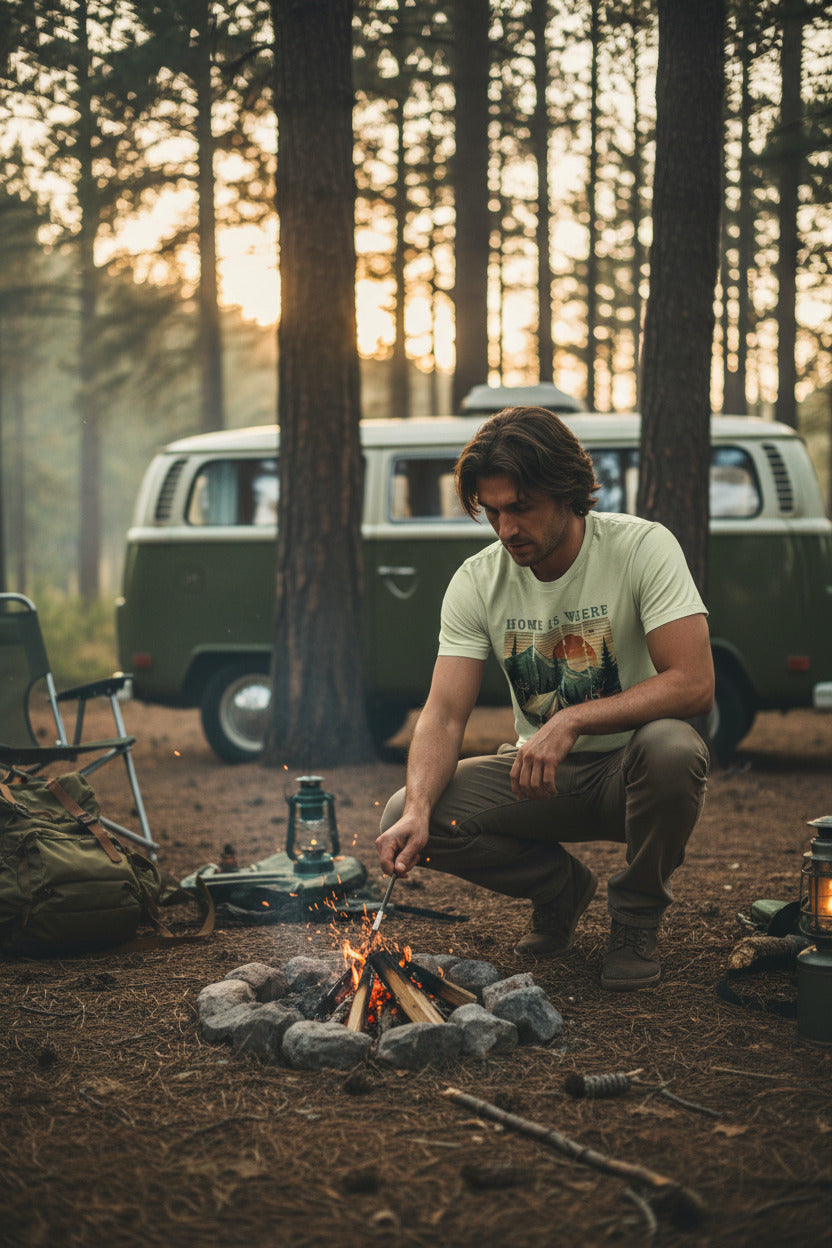 Cream camping T-shirt with tent and pine trees graphic and “Home is where” text