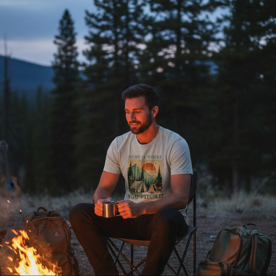 Light gray camping T-shirt with tent and pine trees graphic and “Home is where” text