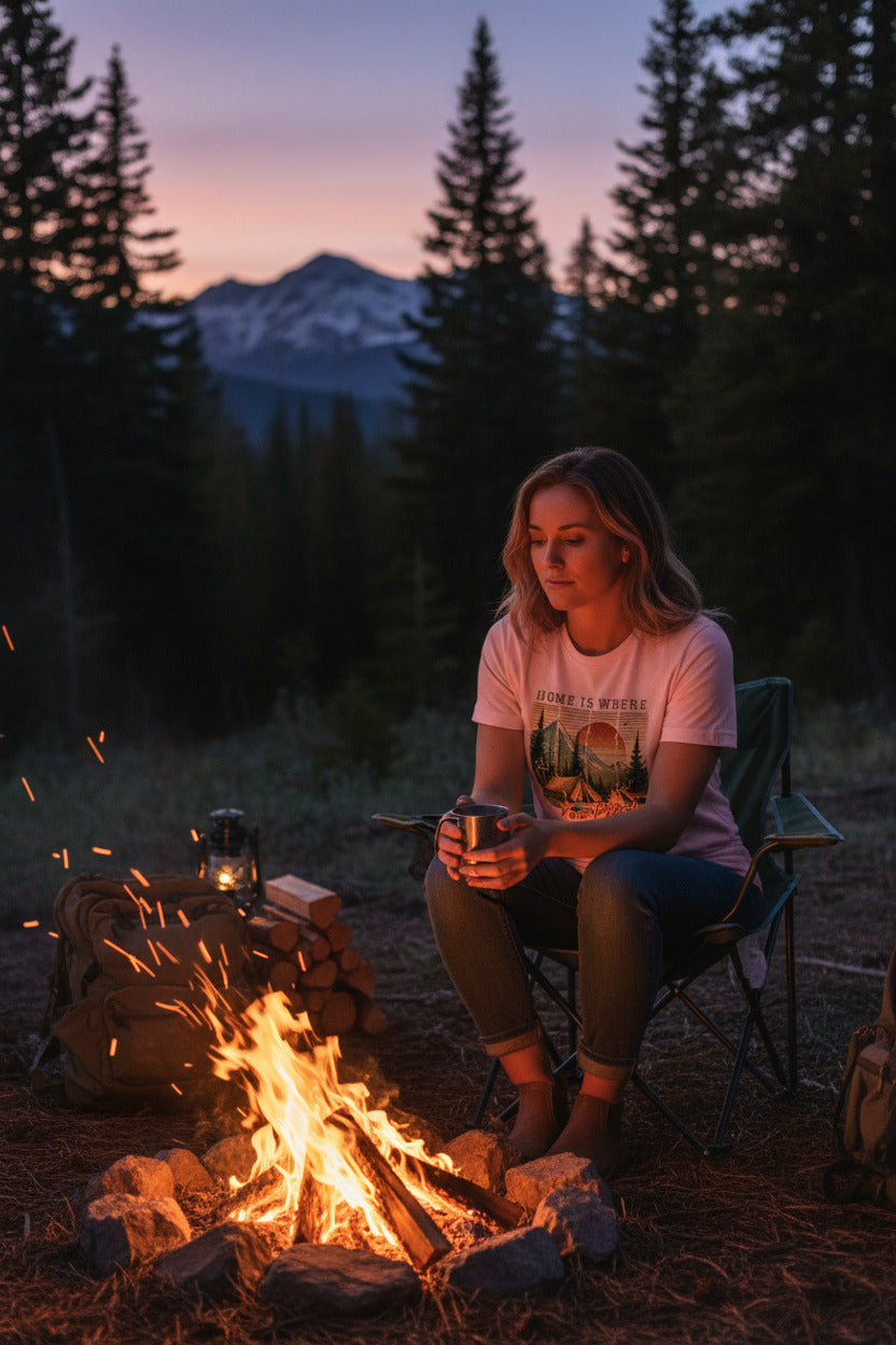 Soft pink camping T-shirt with tent and pine trees graphic and “Home is where” text