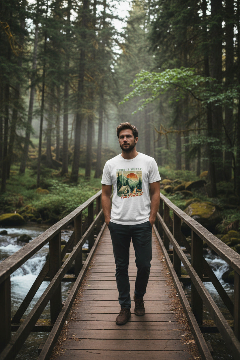 White camping T-shirt with tent and pine trees graphic and “Home is where” text