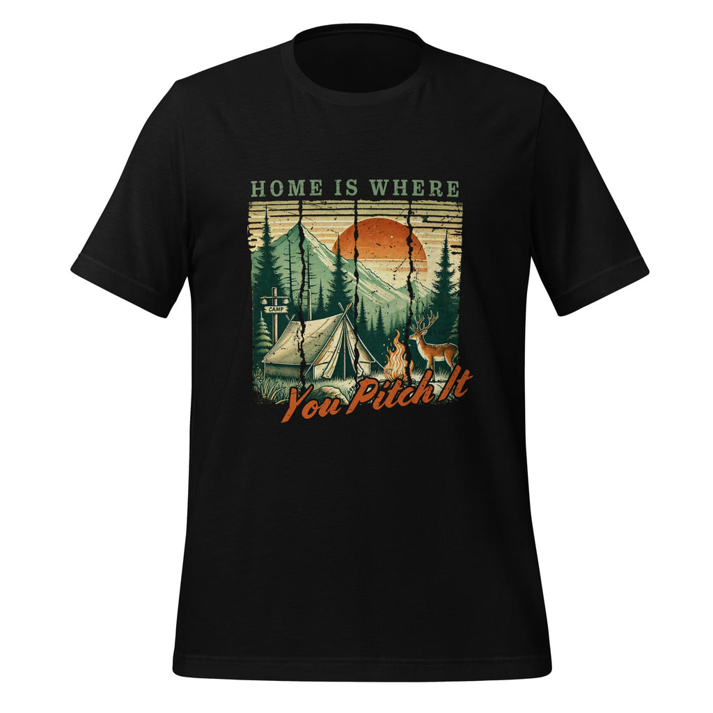 Black camping T-shirt with front graphic campsite and sunset, 'Pitch It' text