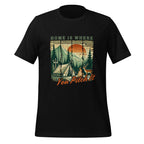 Black camping T-shirt with front graphic campsite and sunset, 'Pitch It' text