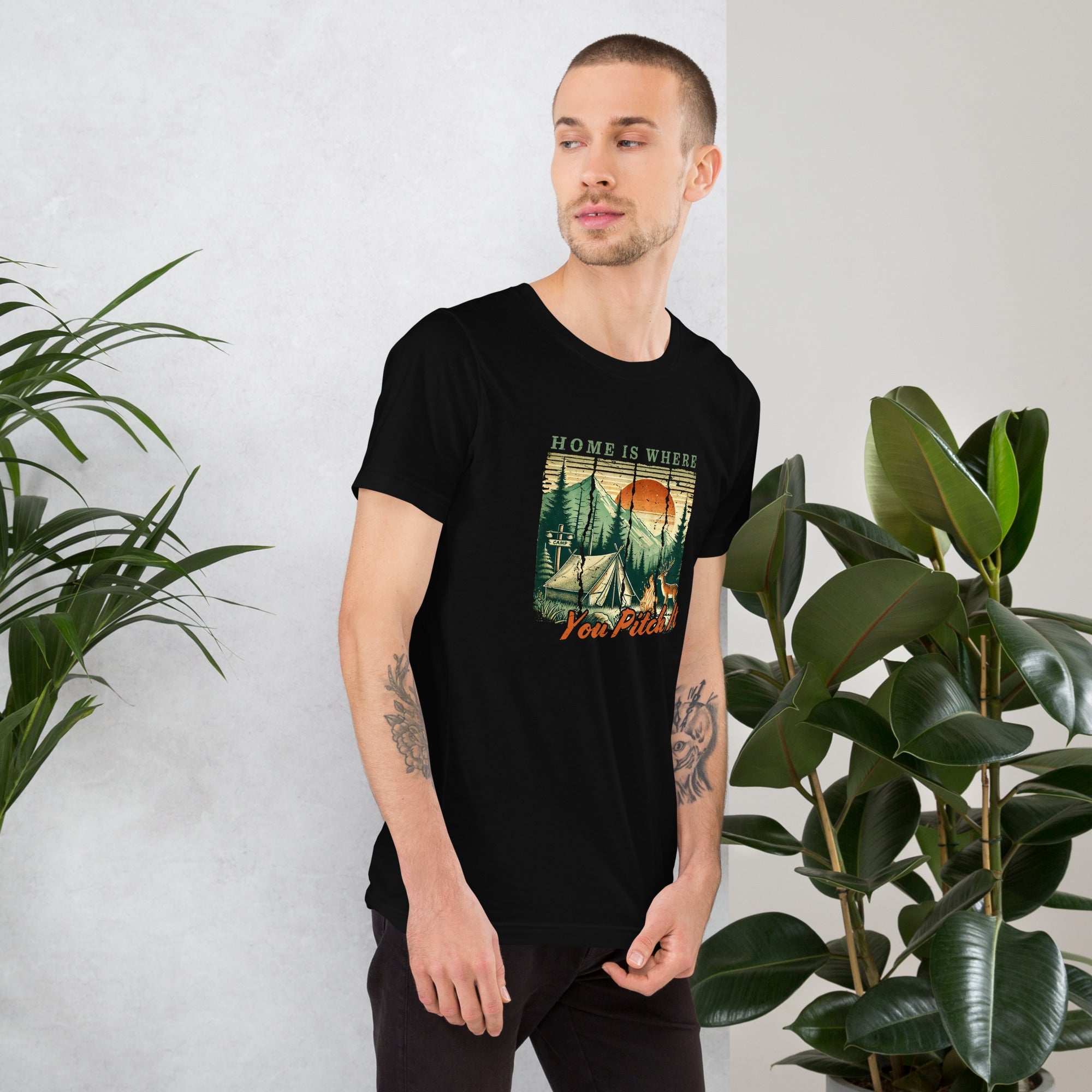 Black camping T-shirt on model with front graphic campsite and 'Pitch It' text