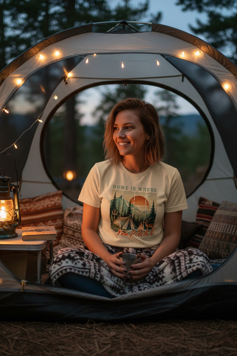 Beige camping T-shirt with tent and pine trees graphic and “Home is where” text
