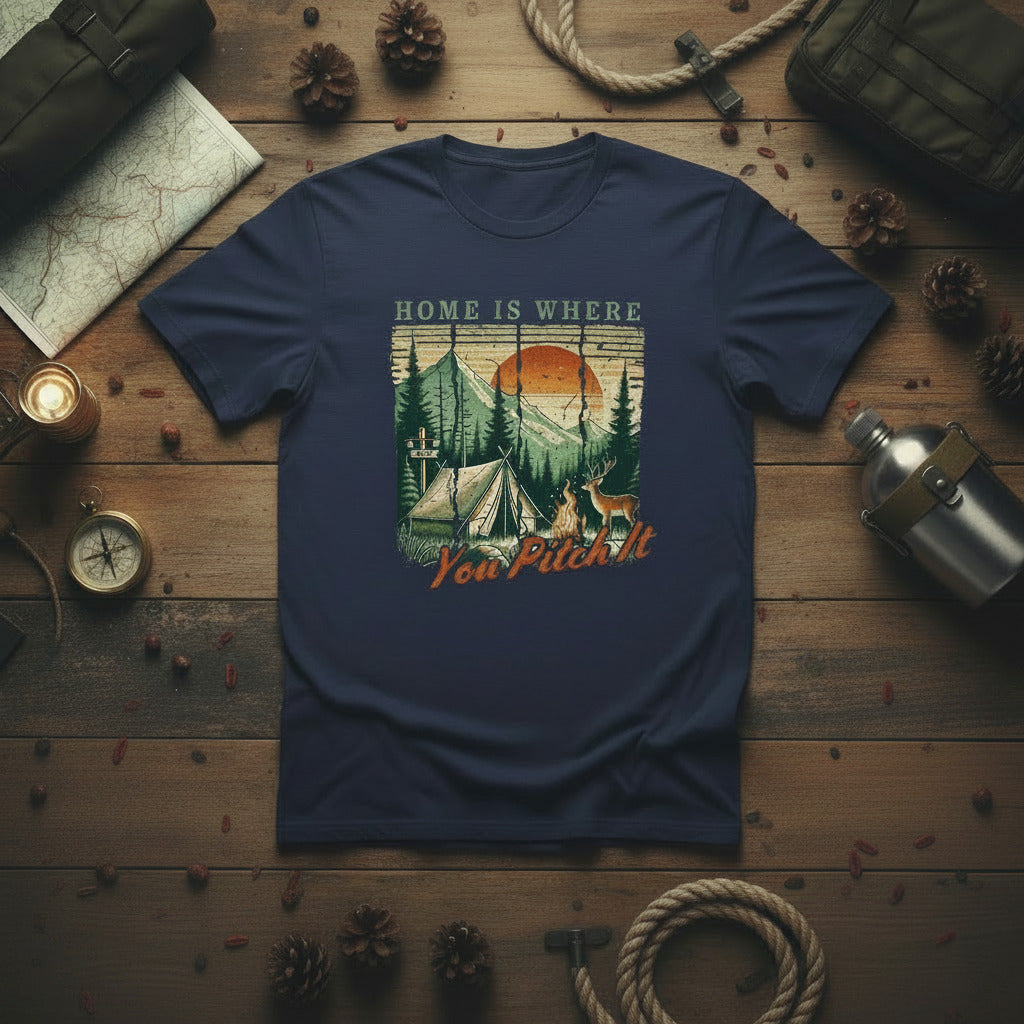 Heather midnight navy camping T-shirt with front graphic campsite and 'Pitch It' text