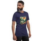 Navy camping T-shirt on model with front graphic campsite and 'Pitch It' text
