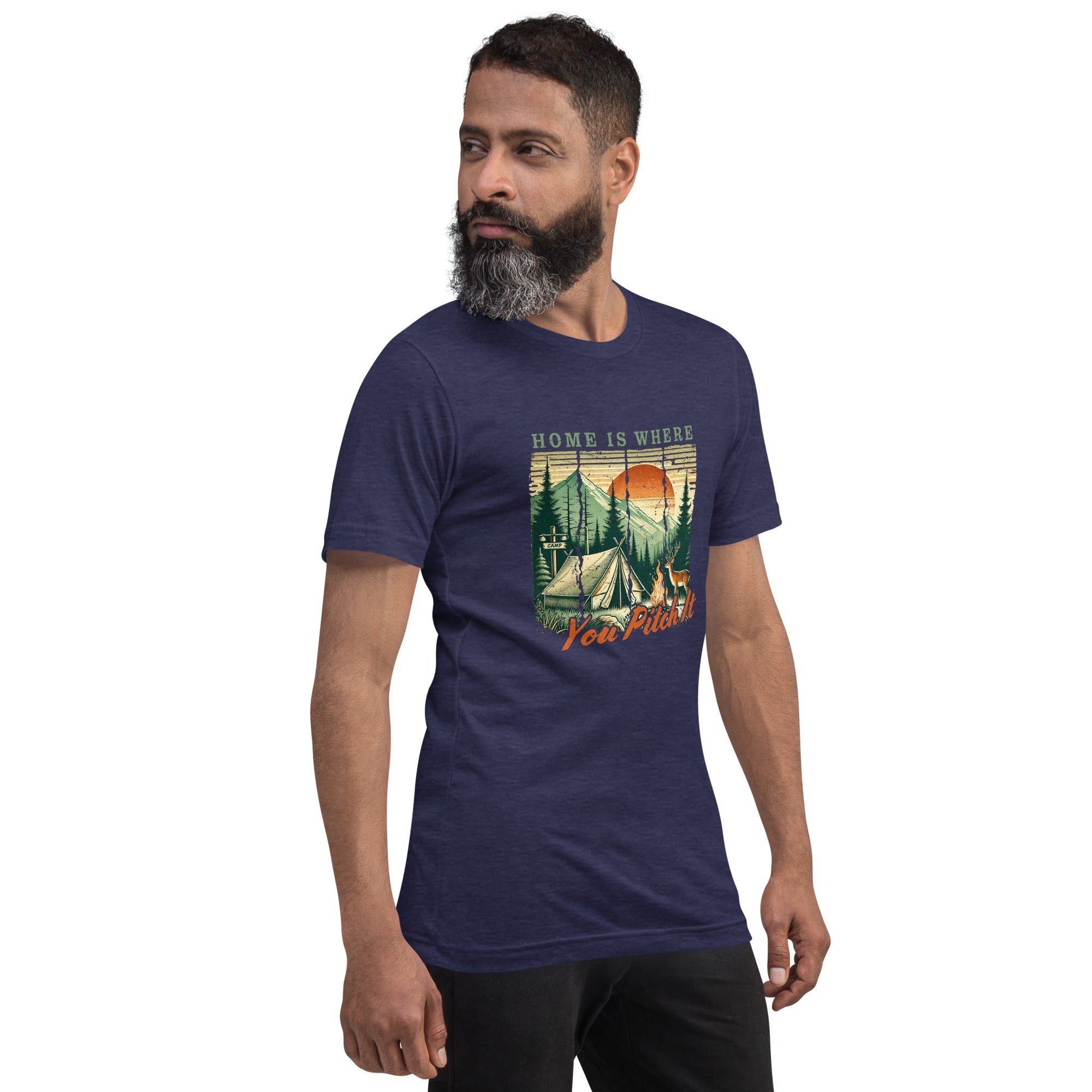 Navy camping T-shirt on model with front graphic campsite and 'Pitch It' text
