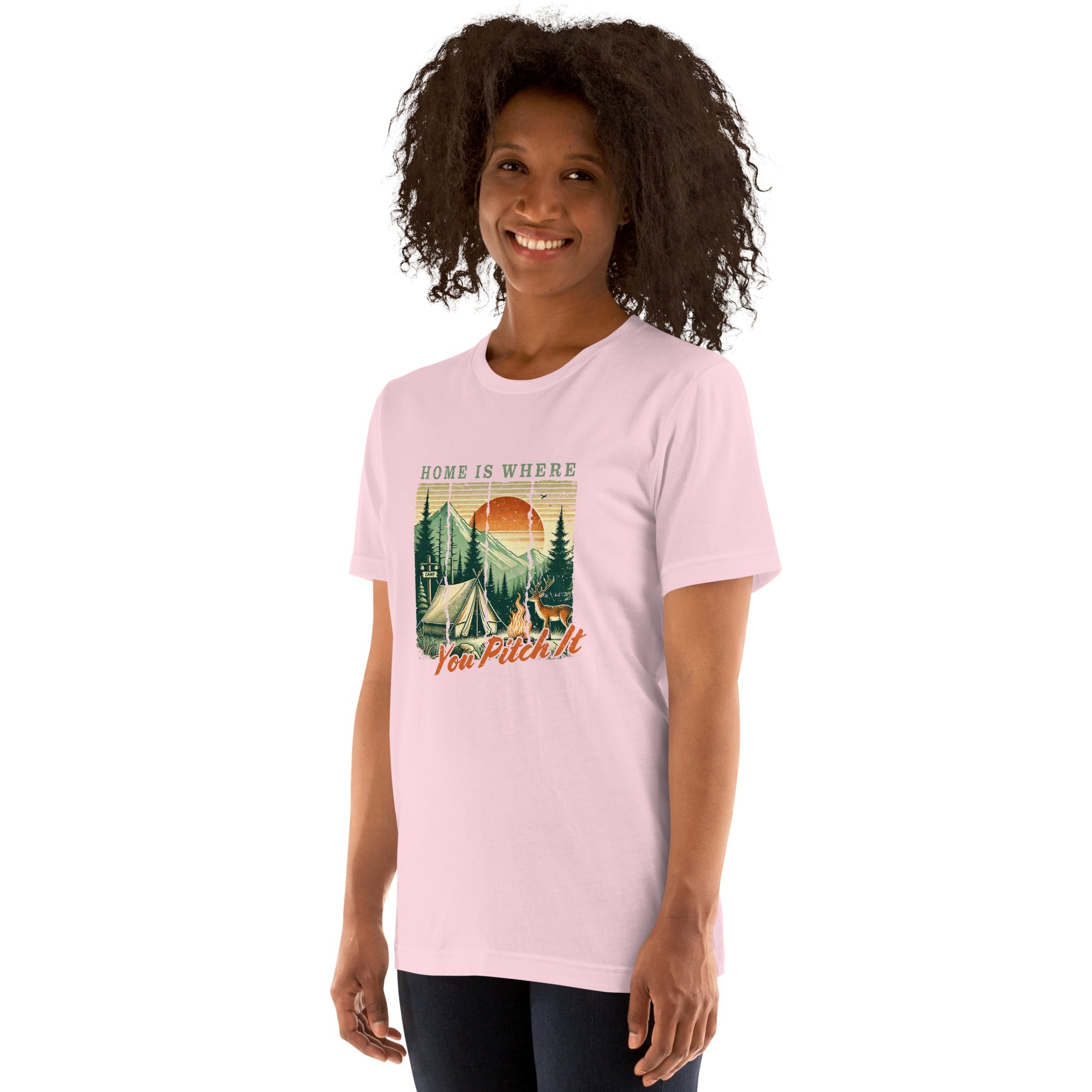 Light pink camping T-shirt with front graphic campsite and 'Pitch It' text