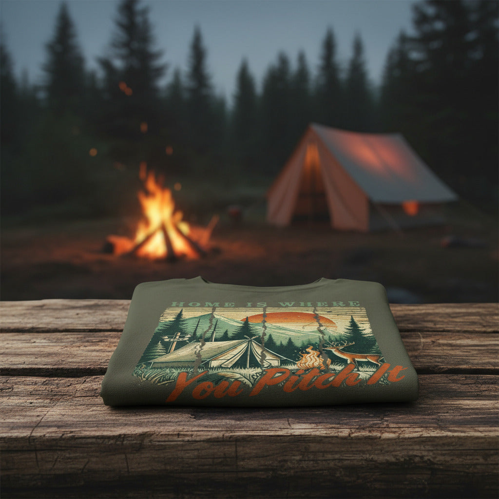Olive brown camping T-shirt with tent and pine trees graphic and “Home is where” text