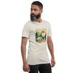 Light cream camping T-shirt on model with front graphic campsite and 'Pitch It' text
