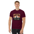 Maroon hiking t-shirt with mountain graphic and text 'I HATE THIS'/'I'LL DO IT AGAIN'.