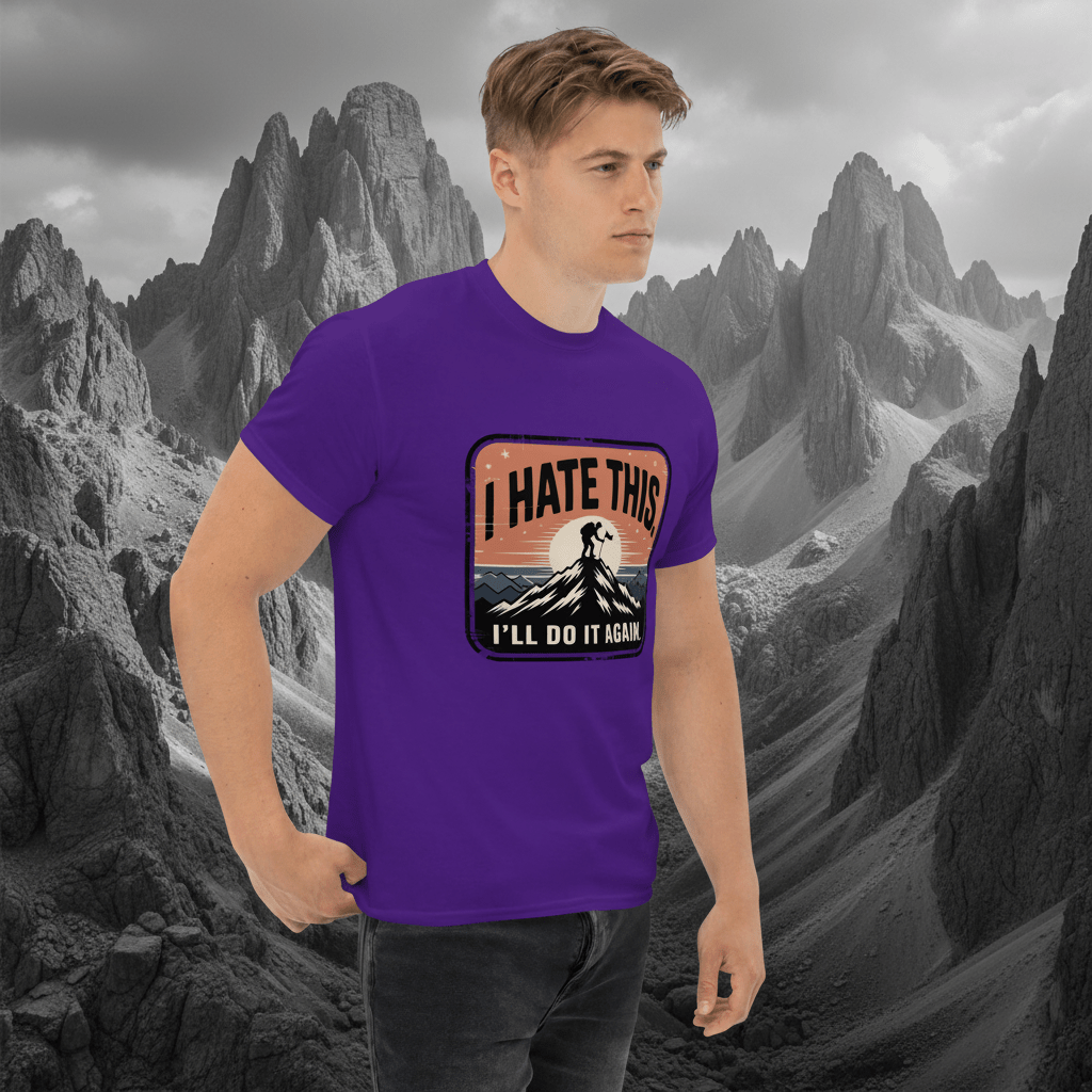 Purple hiking T-shirt with “I HATE THIS” mountain graphic on the chest