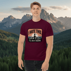 Maroon hiking T-shirt with “I HATE THIS” mountain graphic on the chest