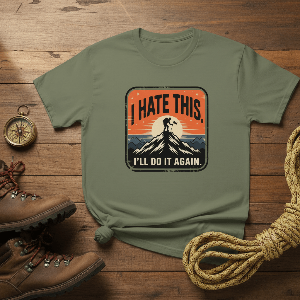 Olive green hiking t-shirt with mountain graphic and text 'I HATE THIS'/'I'LL DO IT AGAIN'.