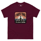 Maroon hiking T-shirt with front chest graphic and crew neck