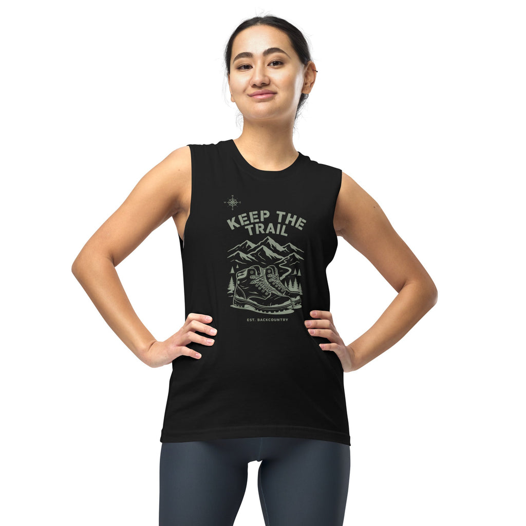 Black unisex hiking muscle tank with “Keep the Trail” front graphic, sleeveless fit