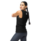 Black unisex hiking muscle tank, side view with “Keep the Trail” front graphic