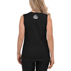 Black unisex hiking muscle tank, back view with “Still out there” text